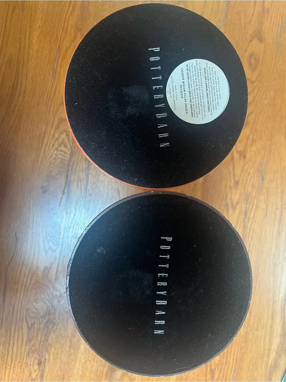 Pottery Barn Orange and Brown Turned Wood Candle Holders, Pair - 11.25” tall